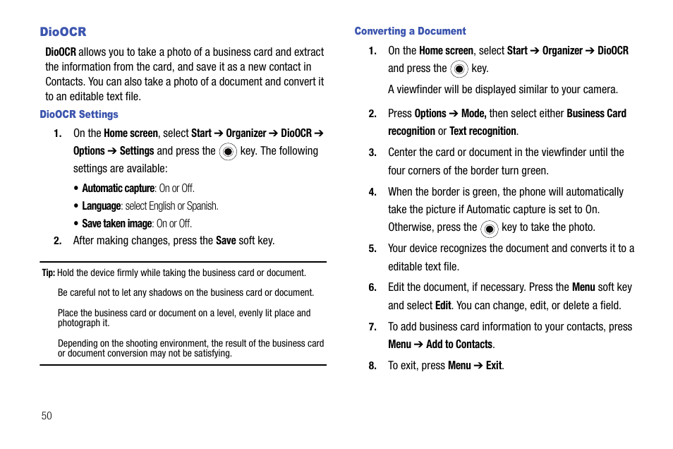 Dioocr | Samsung SGH-I627MAAATT User Manual | Page 53 / 154