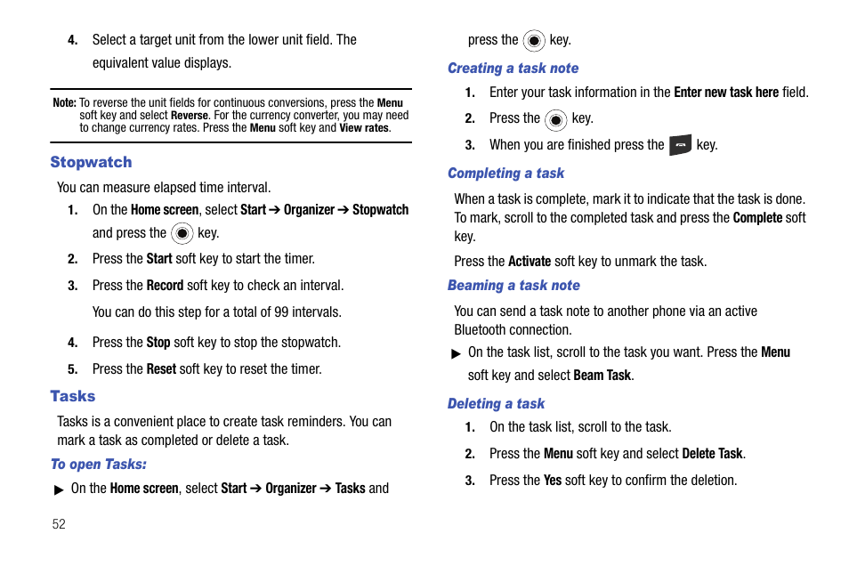 Stopwatch, Tasks, Stopwatch tasks | Samsung SGH-I627MAAATT User Manual | Page 55 / 154