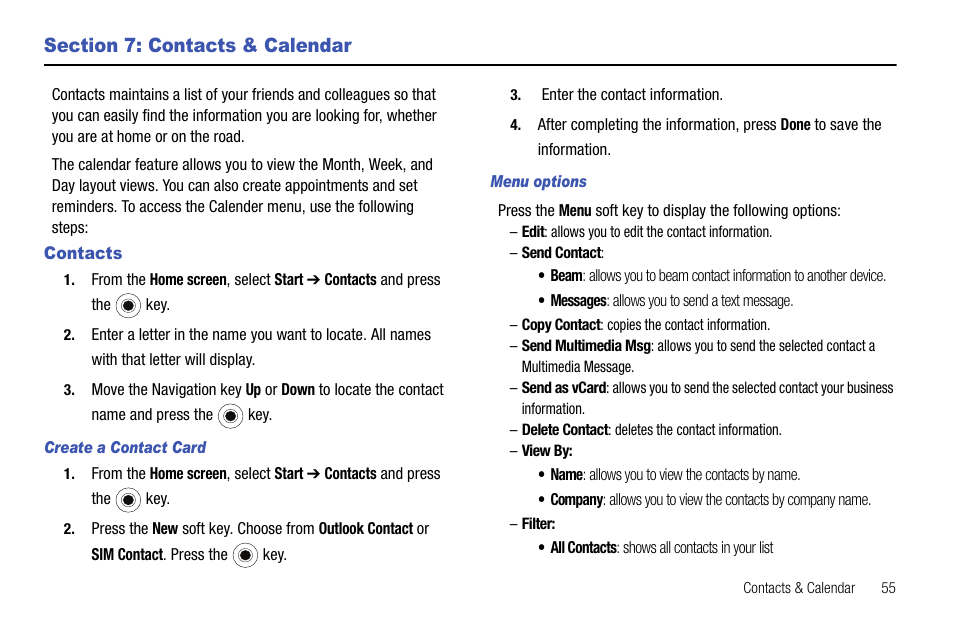 Section 7: contacts & calendar, Contacts | Samsung SGH-I627MAAATT User Manual | Page 58 / 154