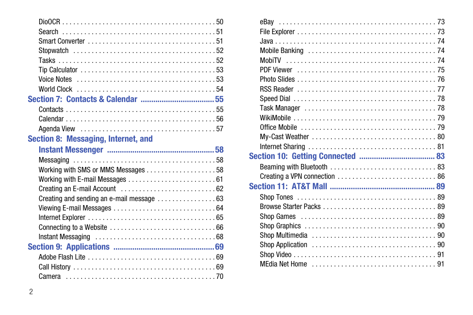 Section 7: contacts & calendar 55, Section 9: applications 69, Section 10: getting connected 83 | Section 11: at&t mall 89 | Samsung SGH-I627MAAATT User Manual | Page 6 / 154