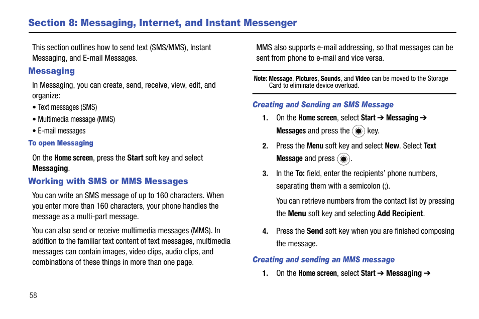 Messaging, Working with sms or mms messages, Section 8: messaging, internet, and | Instant messenger, Messaging working with sms or mms messages | Samsung SGH-I627MAAATT User Manual | Page 61 / 154