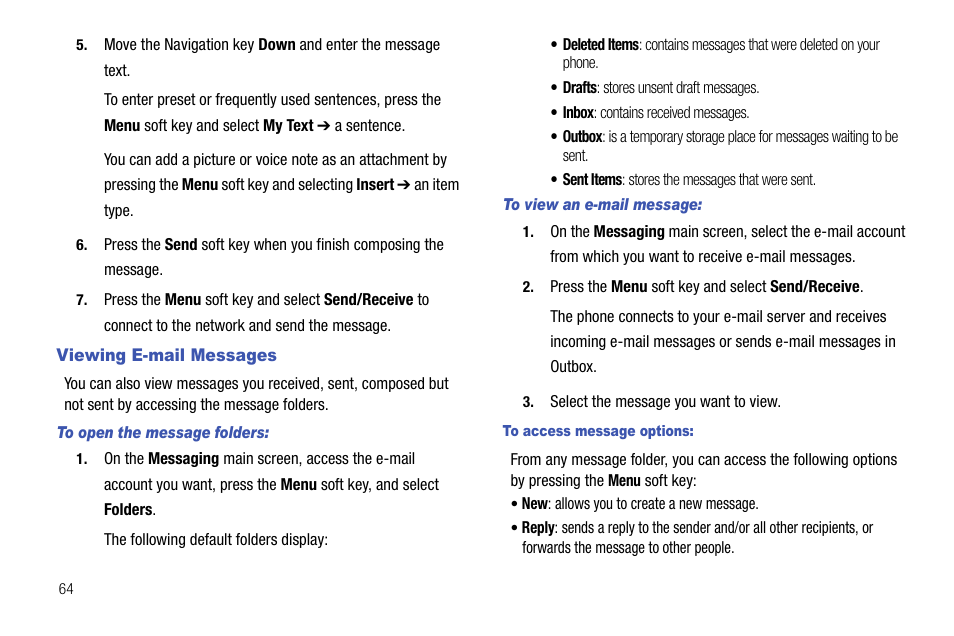 Viewing e-mail messages | Samsung SGH-I627MAAATT User Manual | Page 67 / 154