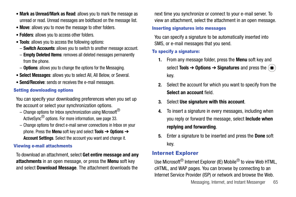 Internet explorer | Samsung SGH-I627MAAATT User Manual | Page 68 / 154