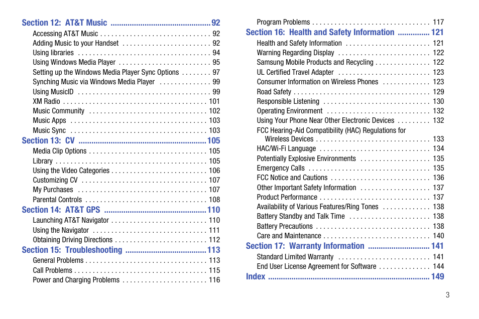 Section 12: at&t music 92, Section 13: cv 105, Section 14: at&t gps 110 | Section 15: troubleshooting 113, Section 16: health and safety information 121, Section 17: warranty information 141 | Samsung SGH-I627MAAATT User Manual | Page 7 / 154