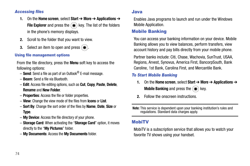 Java, Mobile banking, Mobitv | Java mobile banking mobitv | Samsung SGH-I627MAAATT User Manual | Page 77 / 154