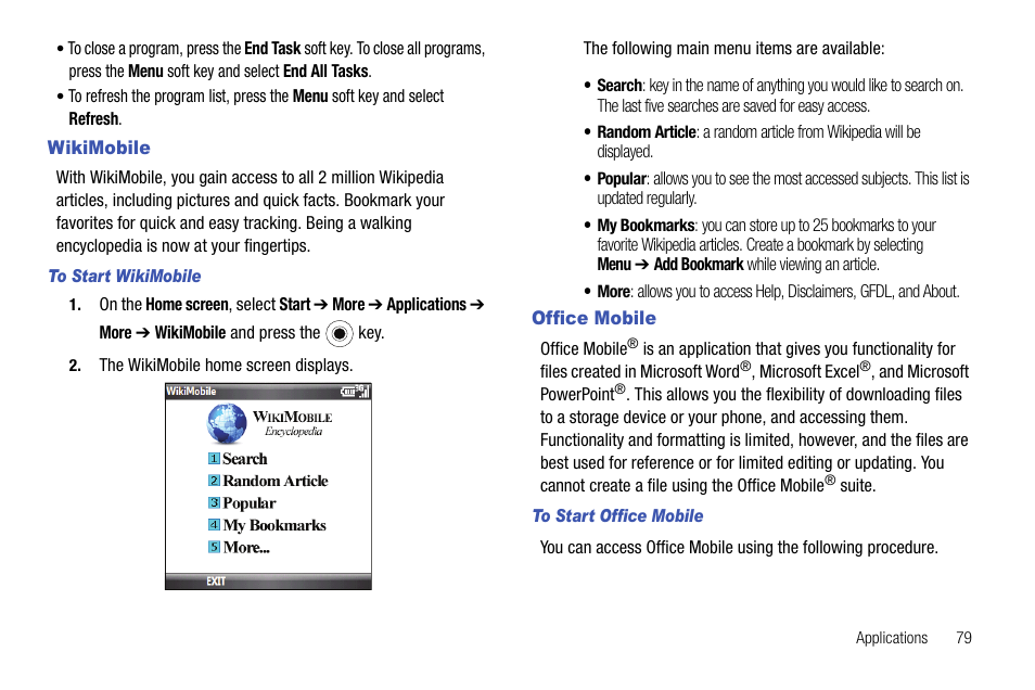 Wikimobile, Office mobile, Wikimobile office mobile | Samsung SGH-I627MAAATT User Manual | Page 82 / 154