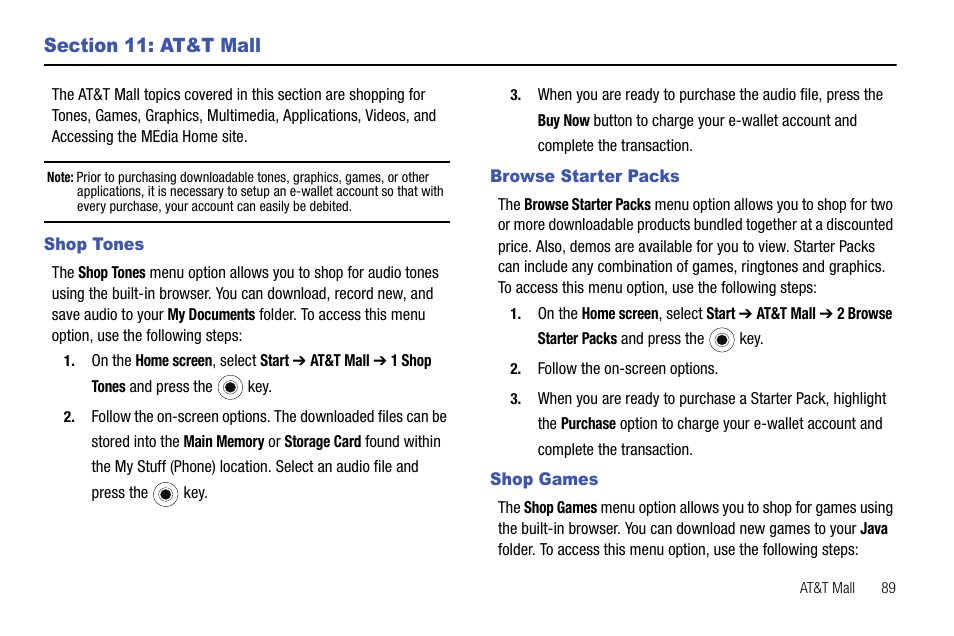 Section 11: at&t mall, Shop tones, Browse starter packs | Shop games, Shop tones browse starter packs shop games | Samsung SGH-I627MAAATT User Manual | Page 92 / 154