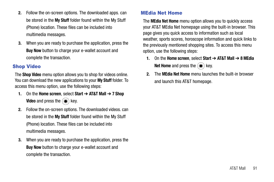 Shop video, Media net home, Shop video media net home | Samsung SGH-I627MAAATT User Manual | Page 94 / 154