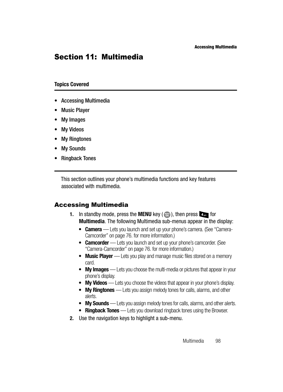 Section 11: multimedia, Accessing multimedia | Samsung SCH-R500ZRACRI User Manual | Page 101 / 180