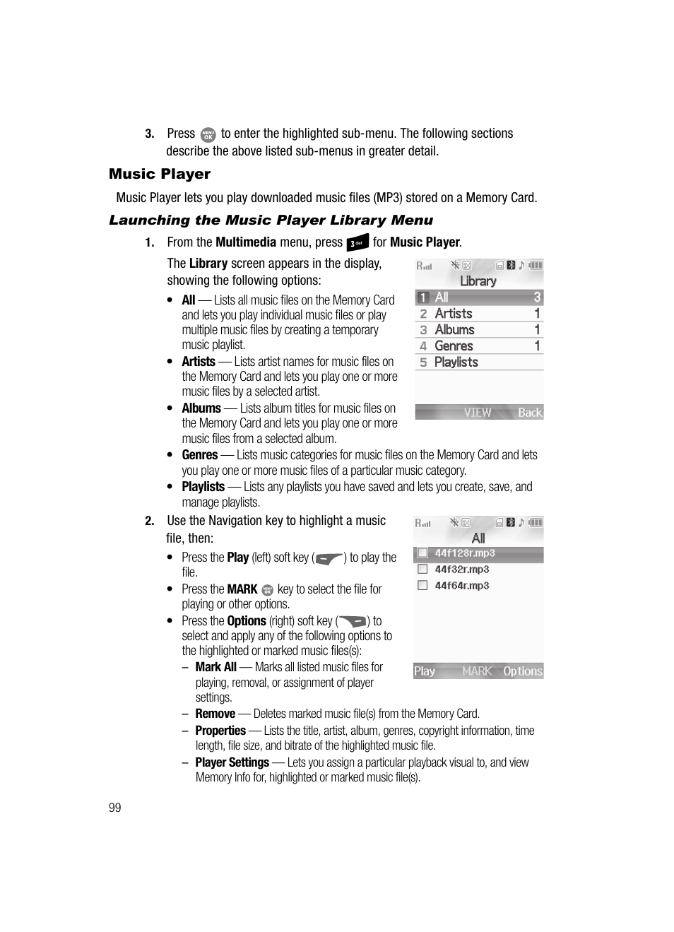 Music player, Launching the music player library menu | Samsung SCH-R500ZRACRI User Manual | Page 102 / 180