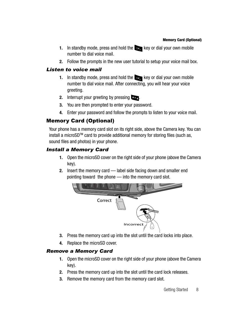 Listen to voice mail, Memory card (optional), Install a memory card | Remove a memory card | Samsung SCH-R500ZRACRI User Manual | Page 11 / 180