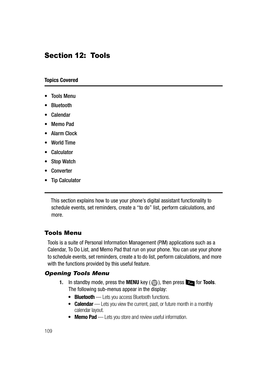 Section 12: tools, Tools menu, Opening tools menu | Samsung SCH-R500ZRACRI User Manual | Page 112 / 180