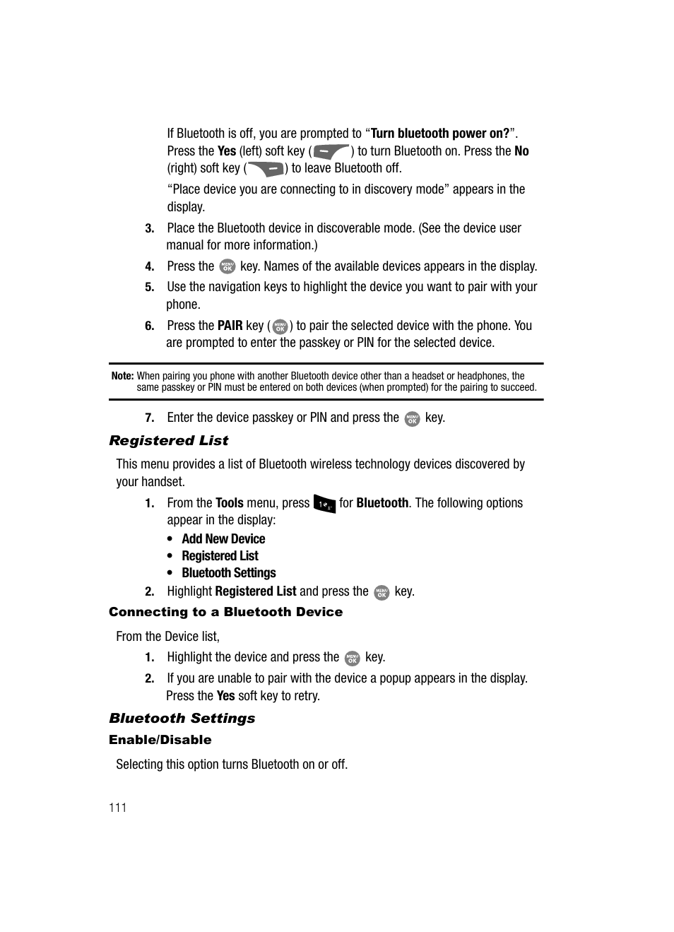 Registered list, Connecting to a bluetooth device, Bluetooth settings | Enable/disable | Samsung SCH-R500ZRACRI User Manual | Page 114 / 180