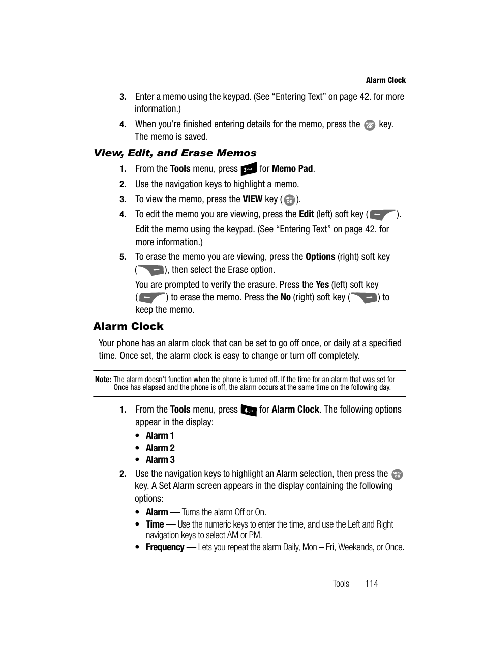 View, edit, and erase memos, Alarm clock | Samsung SCH-R500ZRACRI User Manual | Page 117 / 180