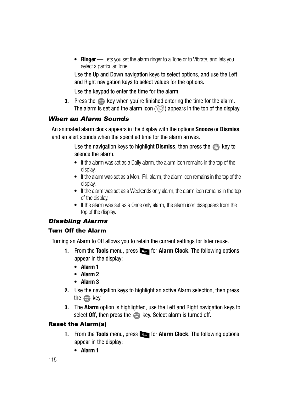 When an alarm sounds, Disabling alarms, Turn off the alarm | Reset the alarm(s) | Samsung SCH-R500ZRACRI User Manual | Page 118 / 180