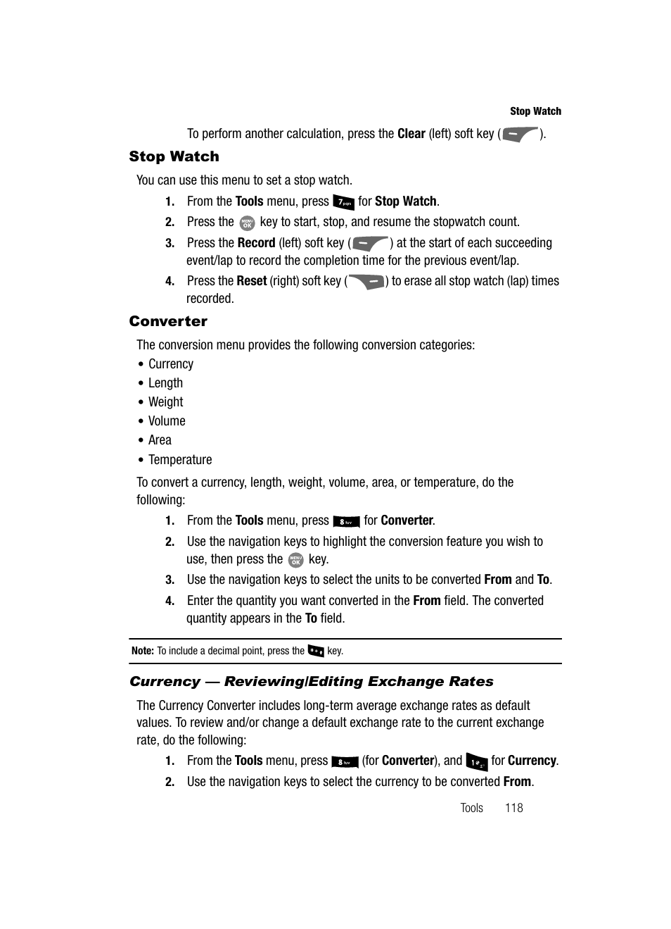 Stop watch, Converter, Currency - reviewing/editing exchange rates | Stop watch converter | Samsung SCH-R500ZRACRI User Manual | Page 121 / 180