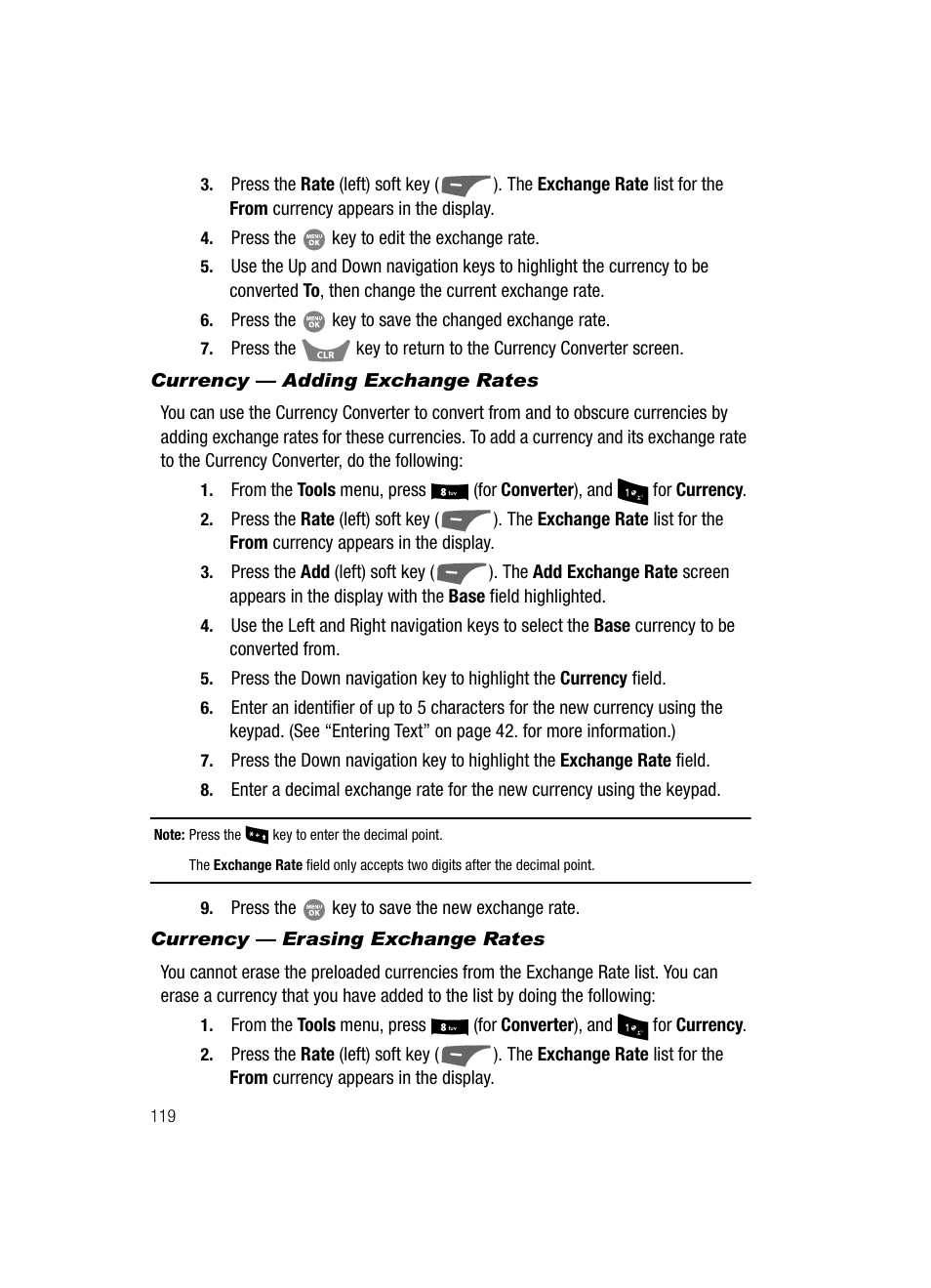 Currency - adding exchange rates, Currency - erasing exchange rates | Samsung SCH-R500ZRACRI User Manual | Page 122 / 180