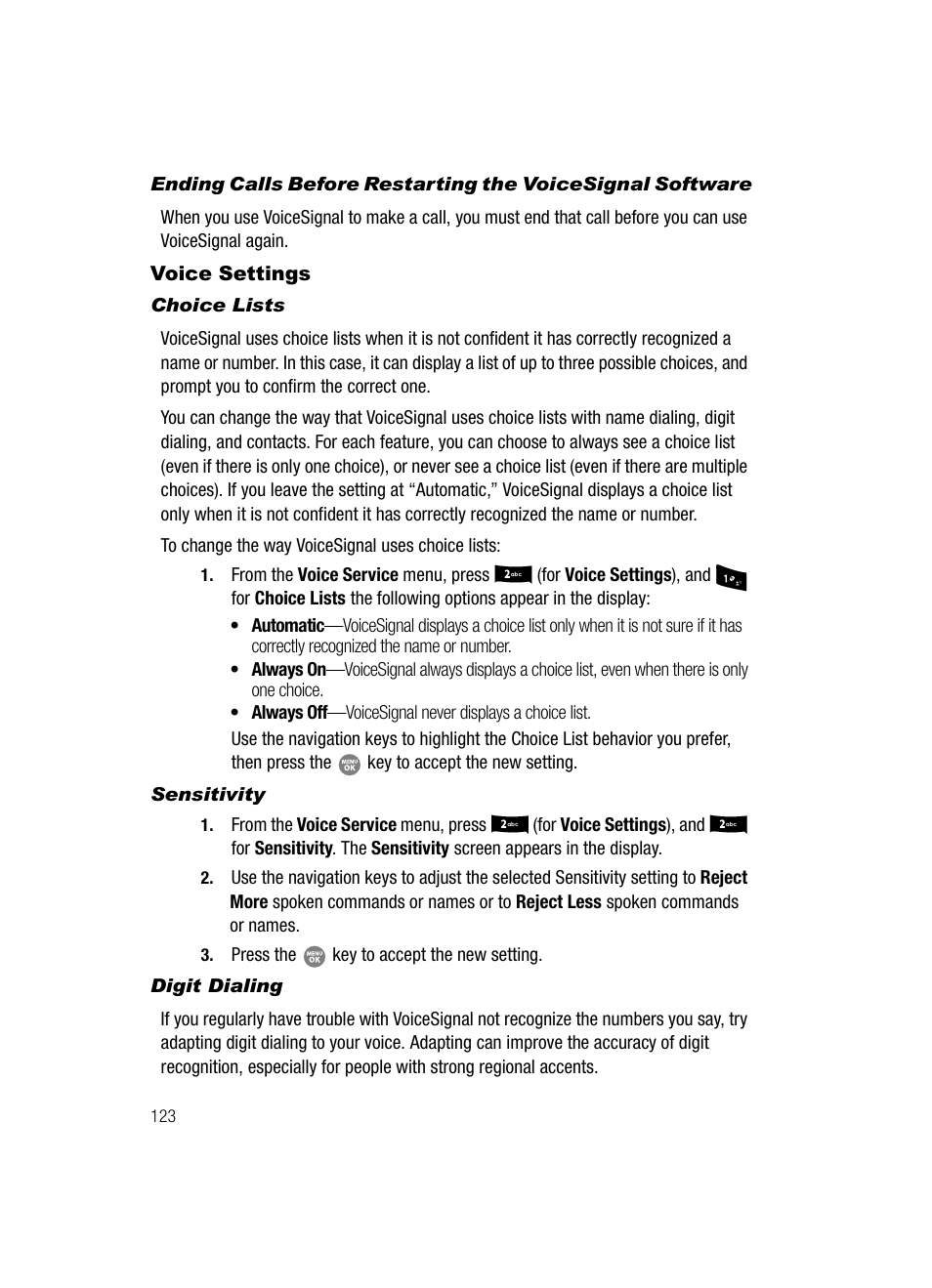 Voice settings, Choice lists, Sensitivity | Digit dialing | Samsung SCH-R500ZRACRI User Manual | Page 126 / 180