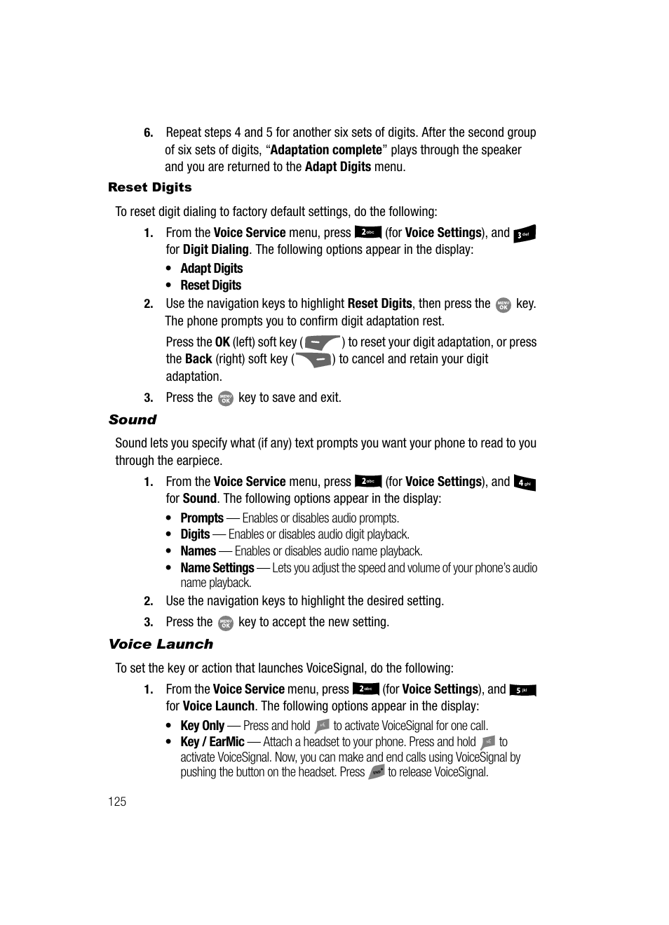 Reset digits, Sound, Voice launch | E. see “voice launch” on | Samsung SCH-R500ZRACRI User Manual | Page 128 / 180