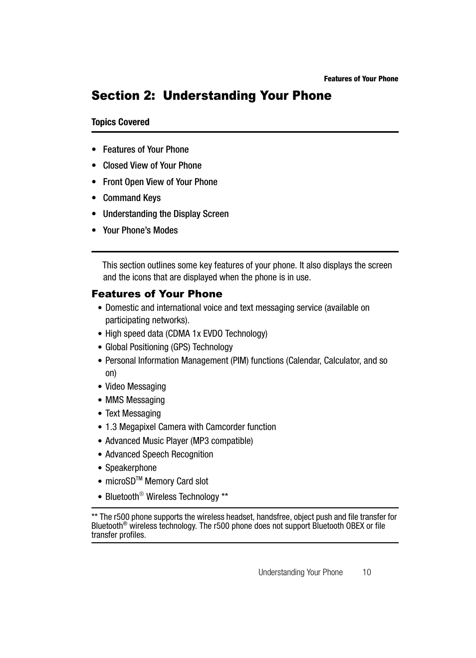 Section 2: understanding your phone, Features of your phone | Samsung SCH-R500ZRACRI User Manual | Page 13 / 180