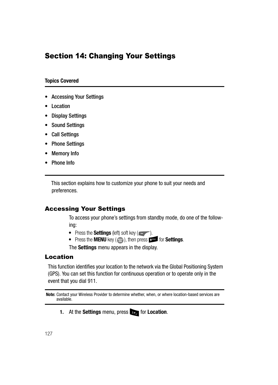 Section 14: changing your settings, Accessing your settings, Location | Accessing your settings location | Samsung SCH-R500ZRACRI User Manual | Page 130 / 180