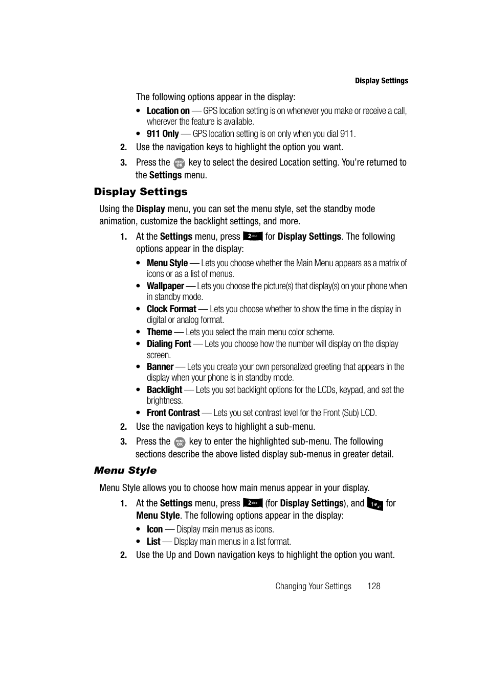 Display settings, Menu style | Samsung SCH-R500ZRACRI User Manual | Page 131 / 180