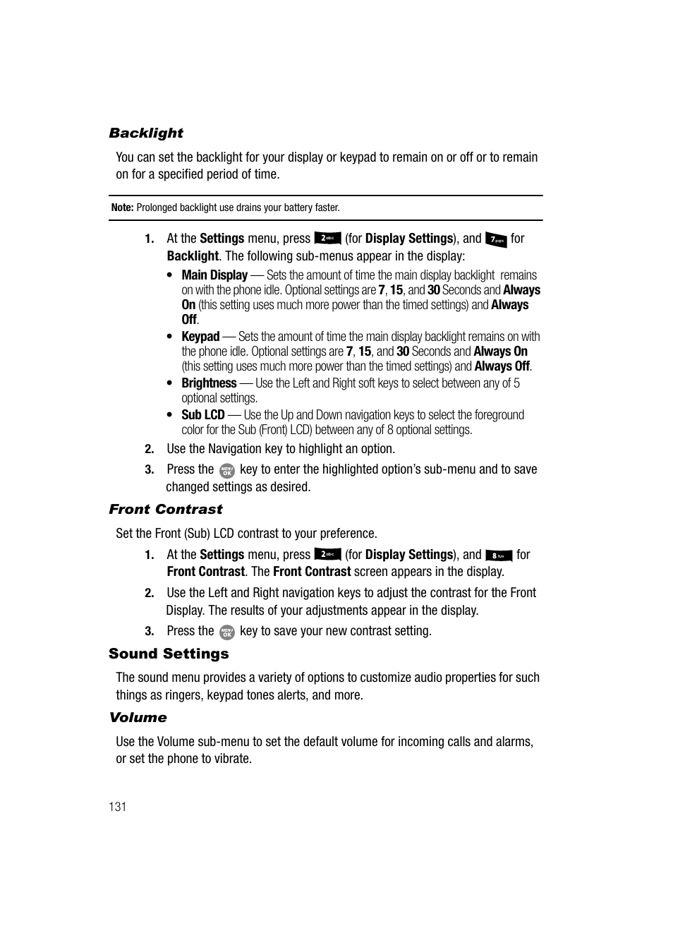 Backlight, Front contrast, Sound settings | Volume | Samsung SCH-R500ZRACRI User Manual | Page 134 / 180