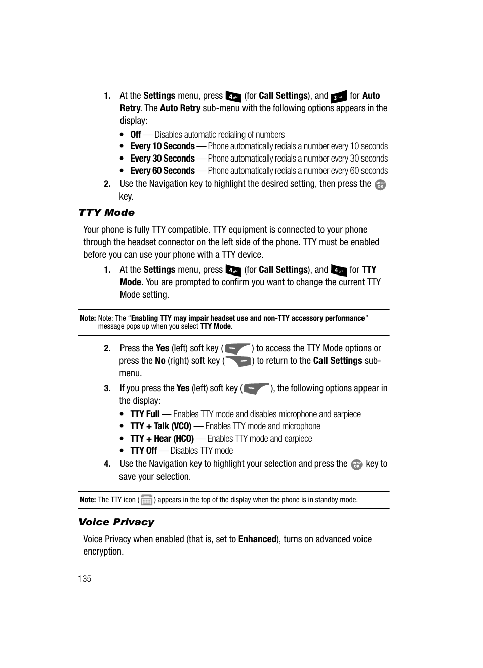 Tty mode, Voice privacy | Samsung SCH-R500ZRACRI User Manual | Page 138 / 180