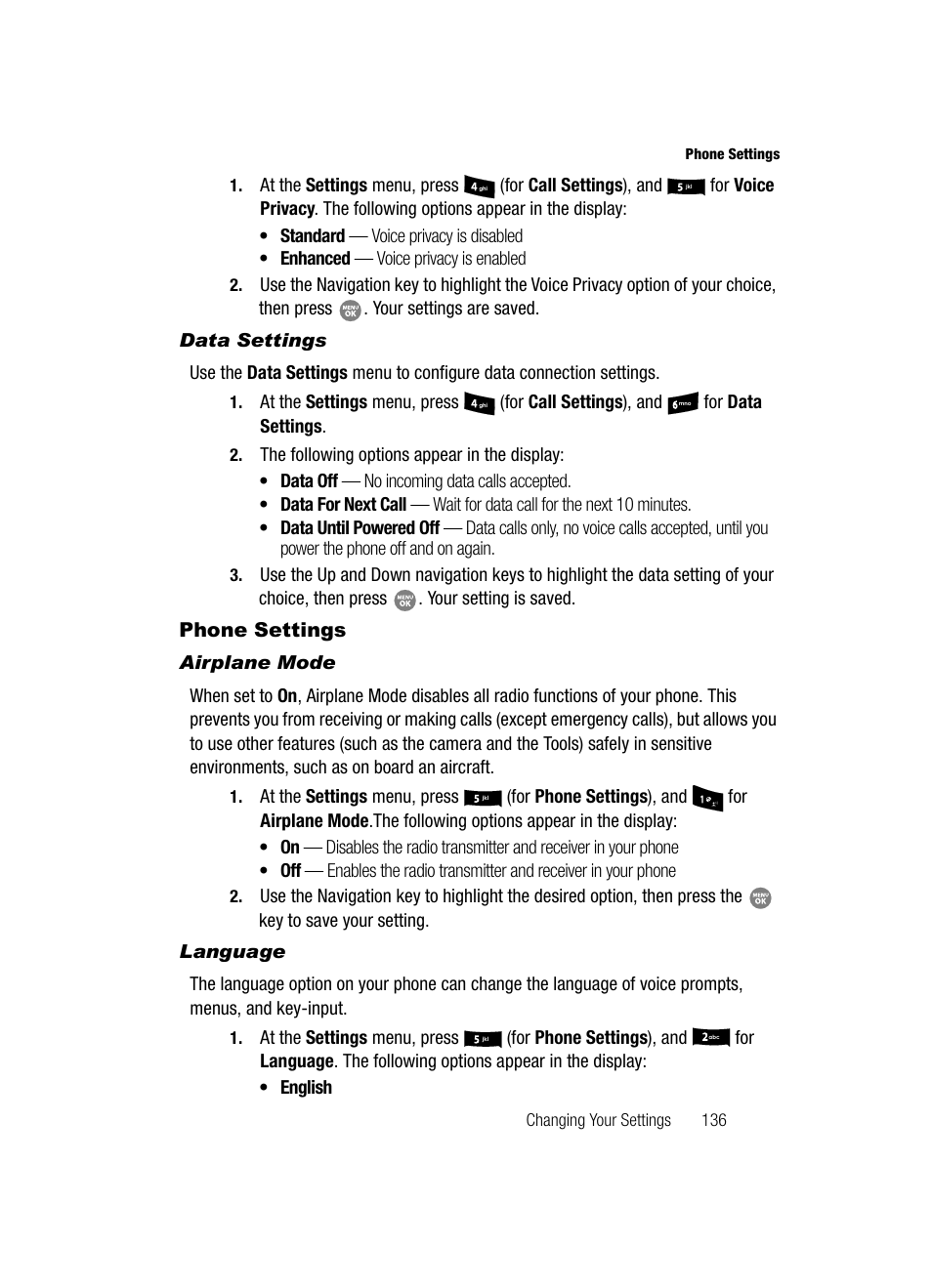 Data settings, Phone settings, Airplane mode | Language | Samsung SCH-R500ZRACRI User Manual | Page 139 / 180