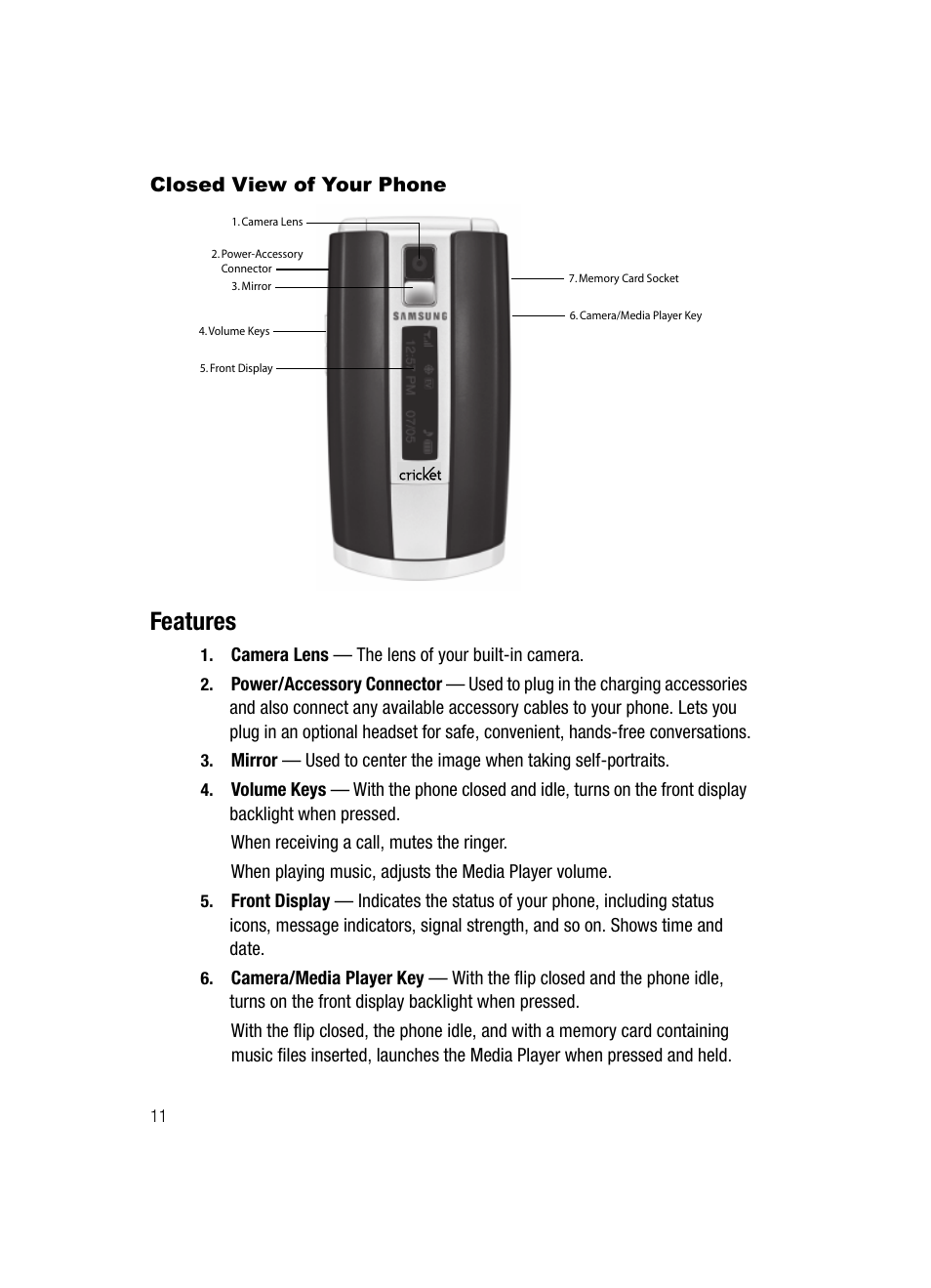 Closed view of your phone, Features | Samsung SCH-R500ZRACRI User Manual | Page 14 / 180