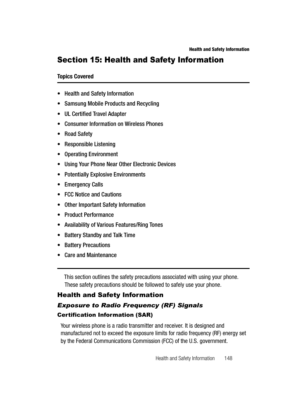 Section 15: health and safety information, Health and safety information, Exposure to radio frequency (rf) signals | Certification information (sar) | Samsung SCH-R500ZRACRI User Manual | Page 151 / 180