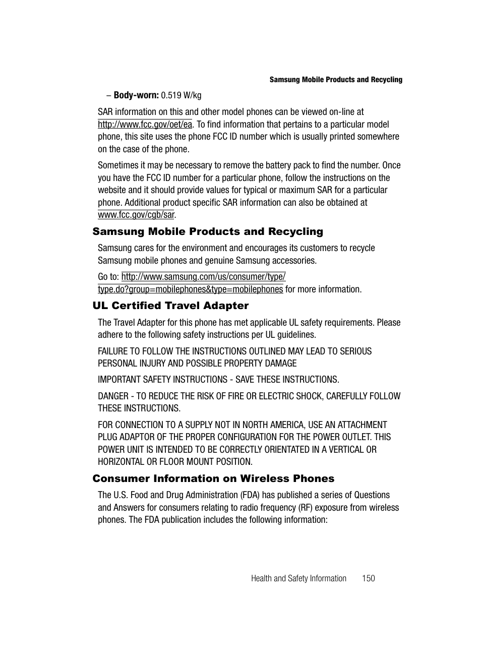 Samsung mobile products and recycling, Ul certified travel adapter, Consumer information on wireless phones | Samsung SCH-R500ZRACRI User Manual | Page 153 / 180