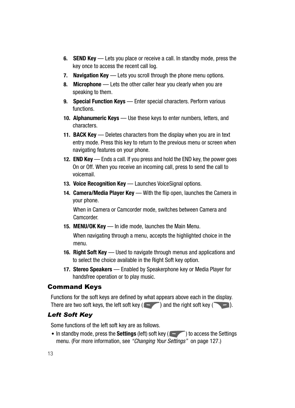 Command keys, Left soft key | Samsung SCH-R500ZRACRI User Manual | Page 16 / 180