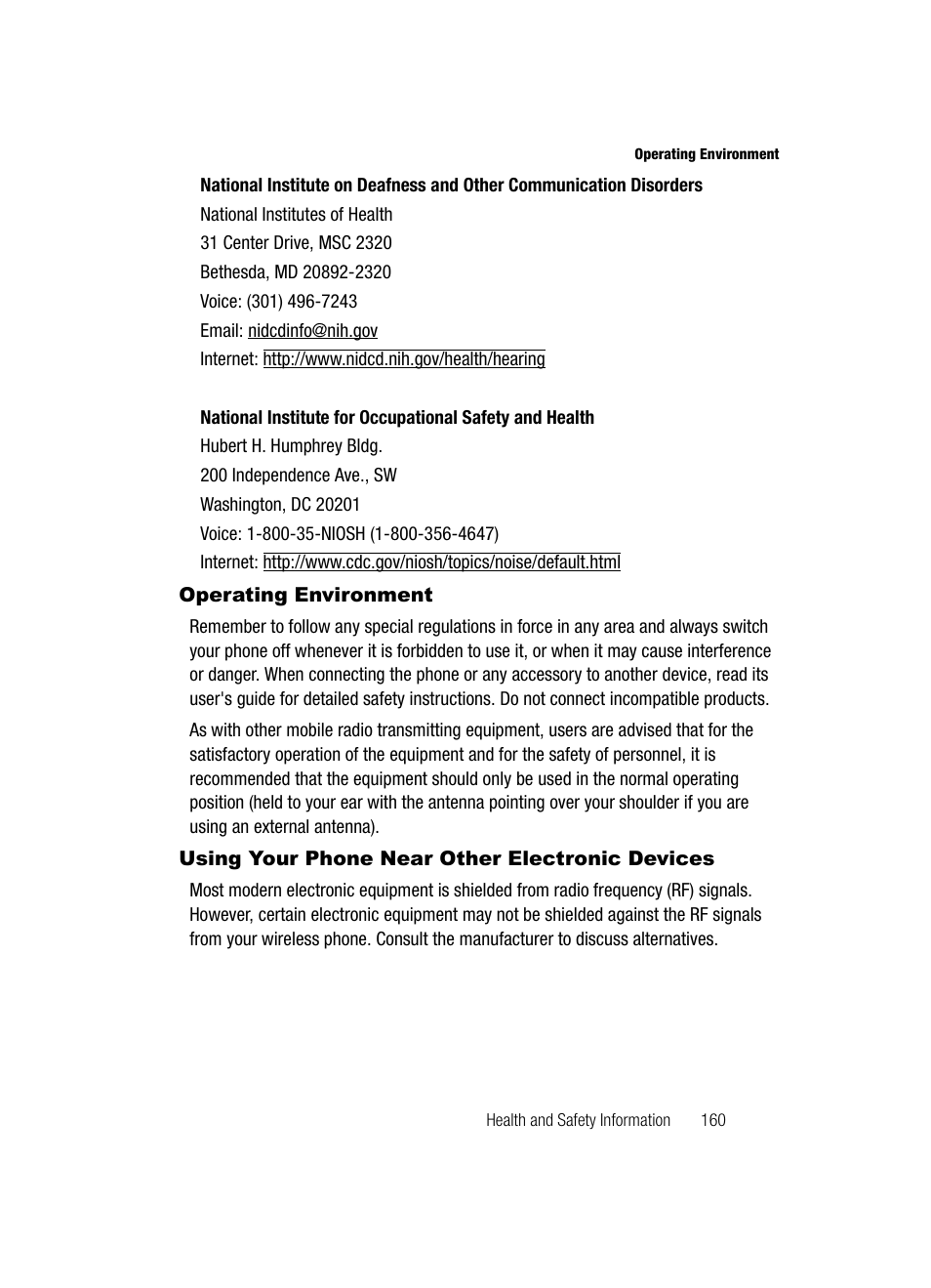 Operating environment, Using your phone near other electronic devices | Samsung SCH-R500ZRACRI User Manual | Page 163 / 180