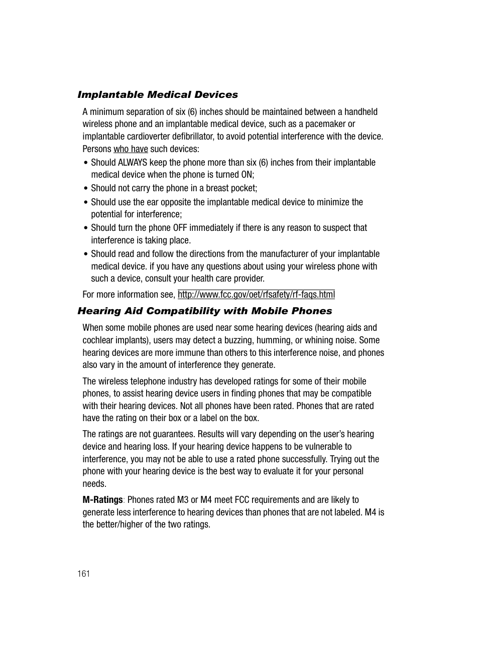 Implantable medical devices, Hearing aid compatibility with mobile phones | Samsung SCH-R500ZRACRI User Manual | Page 164 / 180