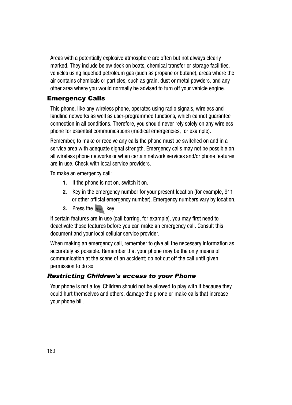 Emergency calls, Restricting children's access to your phone | Samsung SCH-R500ZRACRI User Manual | Page 166 / 180