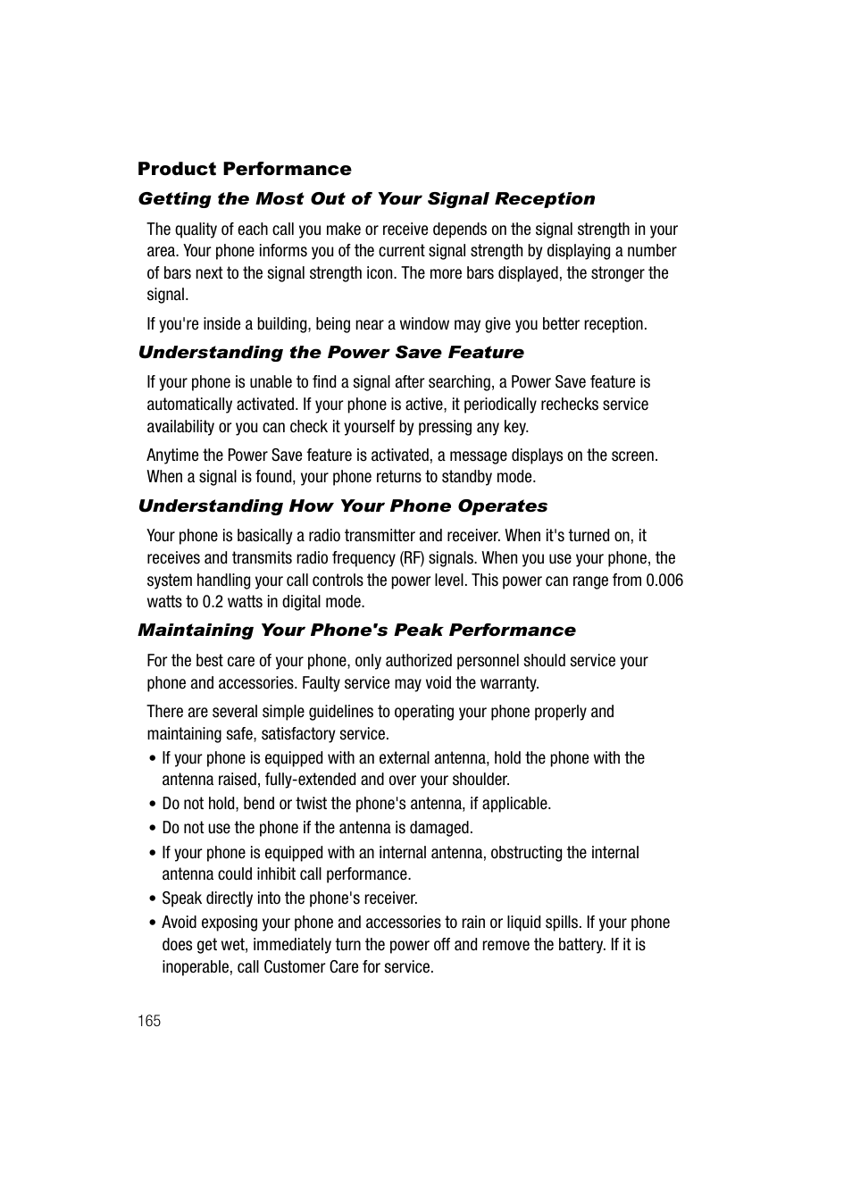 Product performance, Getting the most out of your signal reception, Understanding the power save feature | Understanding how your phone operates, Maintaining your phone's peak performance | Samsung SCH-R500ZRACRI User Manual | Page 168 / 180