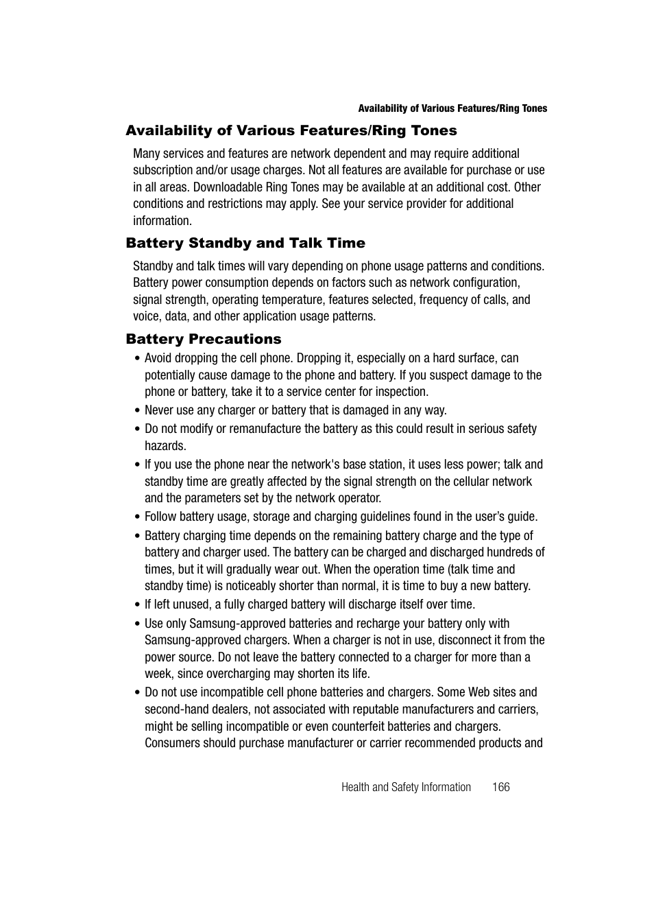 Availability of various features/ring tones, Battery standby and talk time, Battery precautions | Samsung SCH-R500ZRACRI User Manual | Page 169 / 180