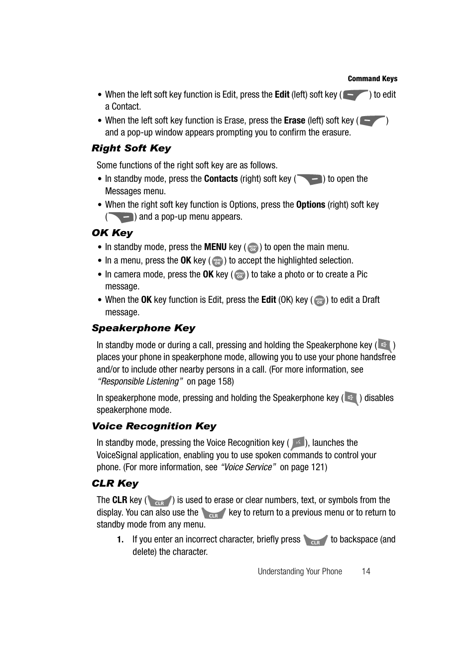 Right soft key, Ok key, Speakerphone key | Voice recognition key, Clr key | Samsung SCH-R500ZRACRI User Manual | Page 17 / 180