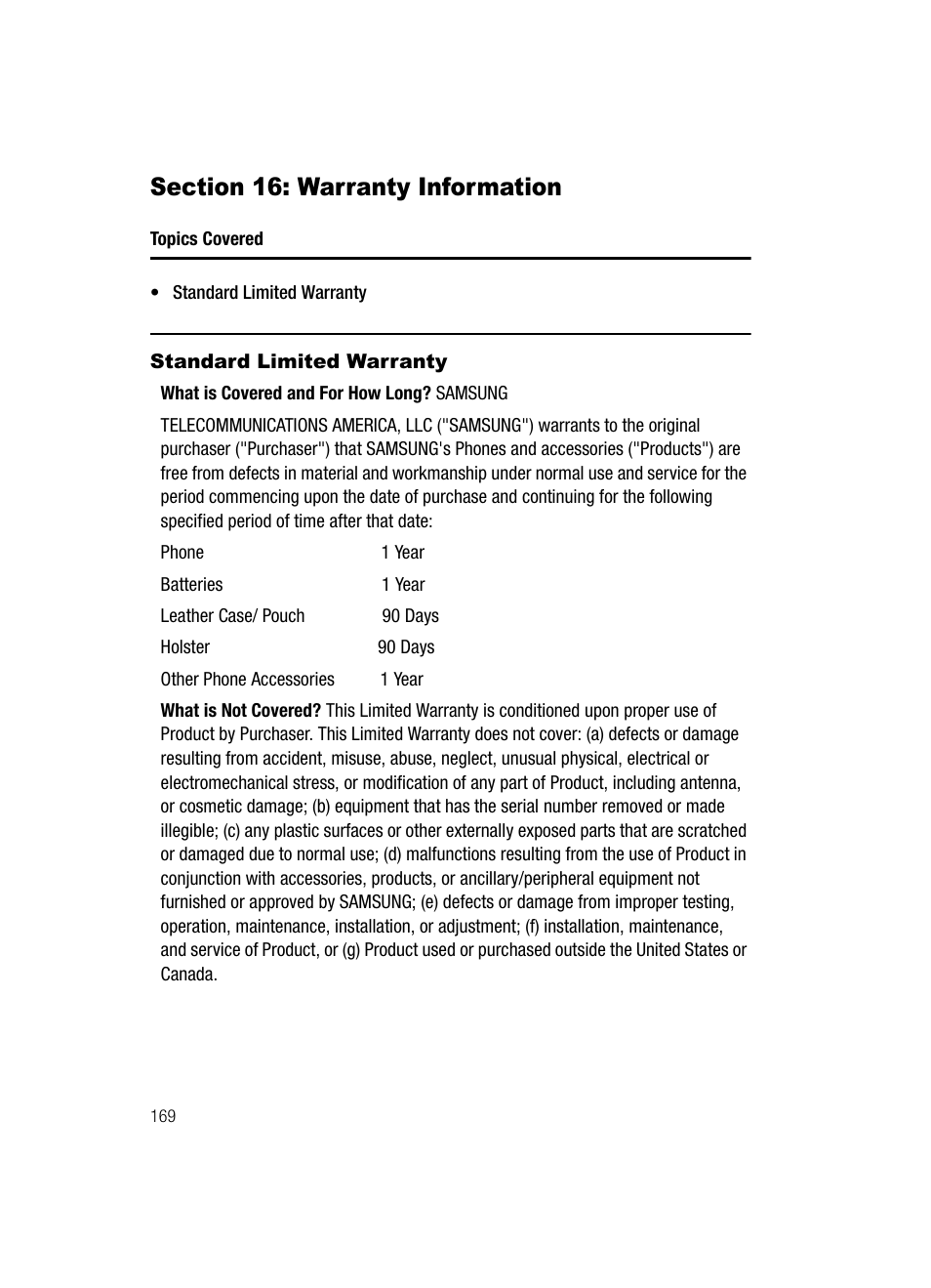 Section 16: warranty information, Standard limited warranty | Samsung SCH-R500ZRACRI User Manual | Page 172 / 180