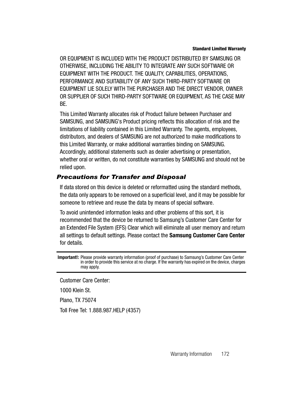 Precautions for transfer and disposal | Samsung SCH-R500ZRACRI User Manual | Page 175 / 180