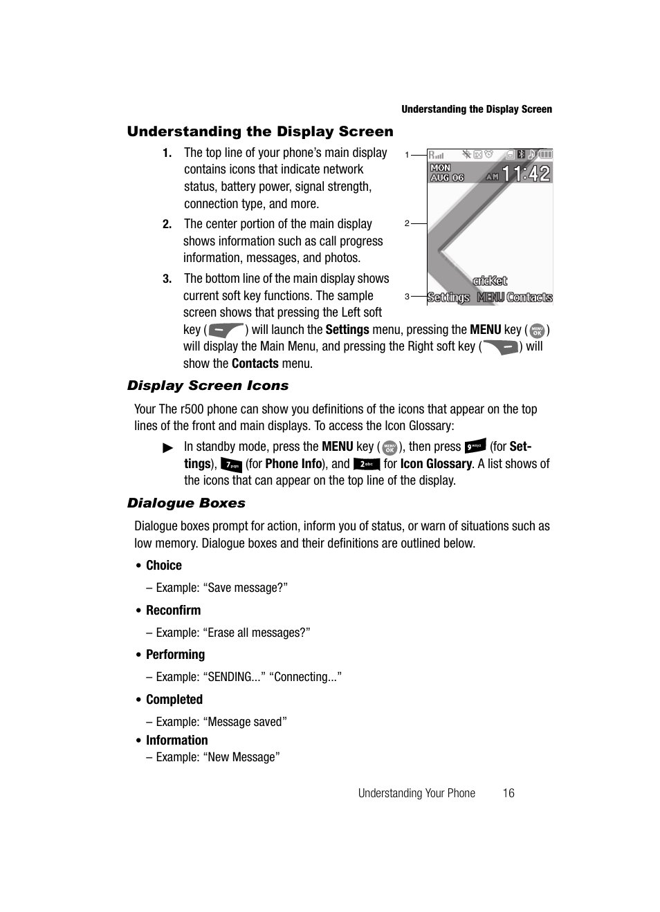 Understanding the display screen, Display screen icons, Dialogue boxes | Samsung SCH-R500ZRACRI User Manual | Page 19 / 180