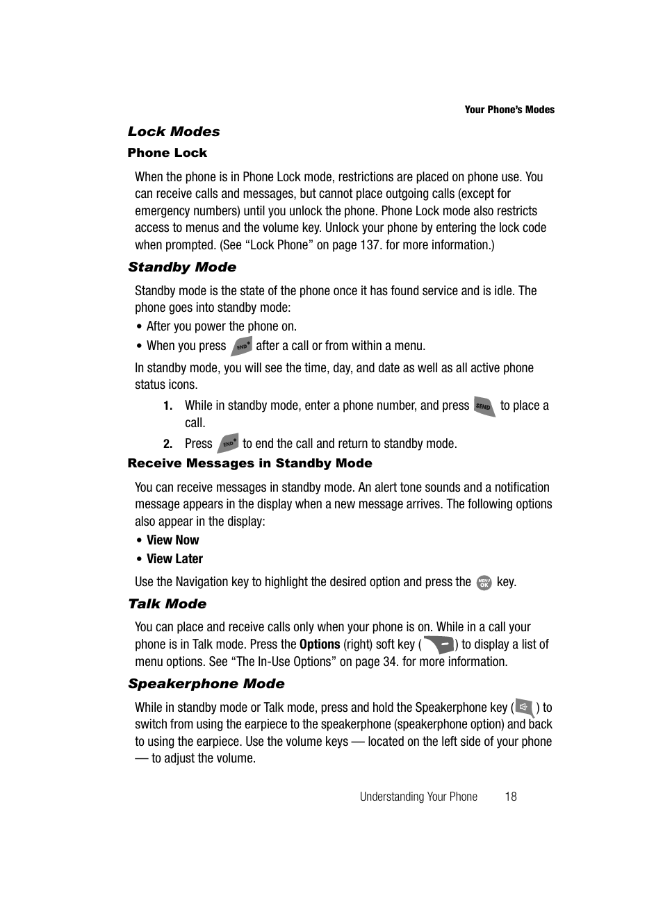 Lock modes, Phone lock, Standby mode | Receive messages in standby mode, Talk mode, Speakerphone mode | Samsung SCH-R500ZRACRI User Manual | Page 21 / 180