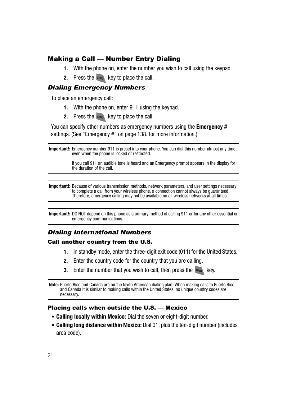 Making a call - number entry dialing, Dialing emergency numbers, Dialing international numbers | Call another country from the u.s, Placing calls when outside the u.s. - mexico, Making a call — number entry dialing | Samsung SCH-R500ZRACRI User Manual | Page 24 / 180