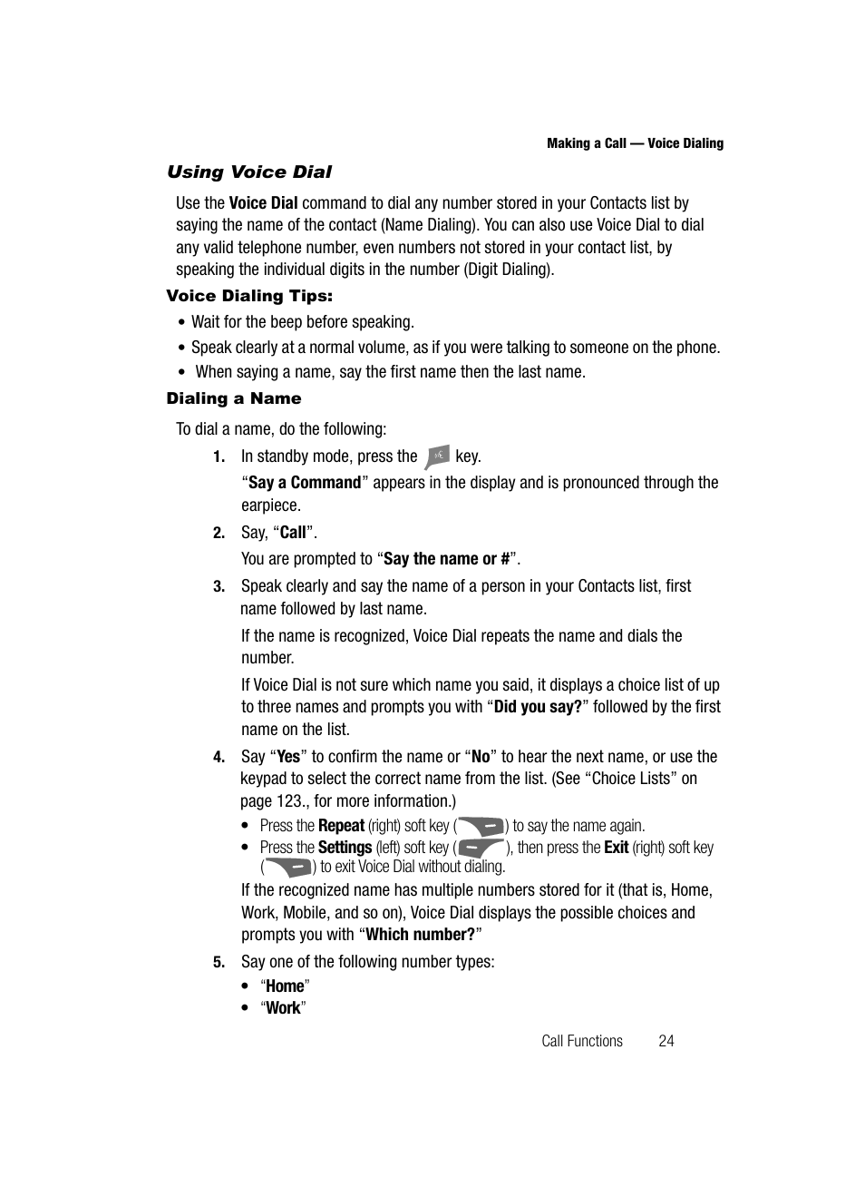 Using voice dial, Voice dialing tips, Dialing a name | Samsung SCH-R500ZRACRI User Manual | Page 27 / 180