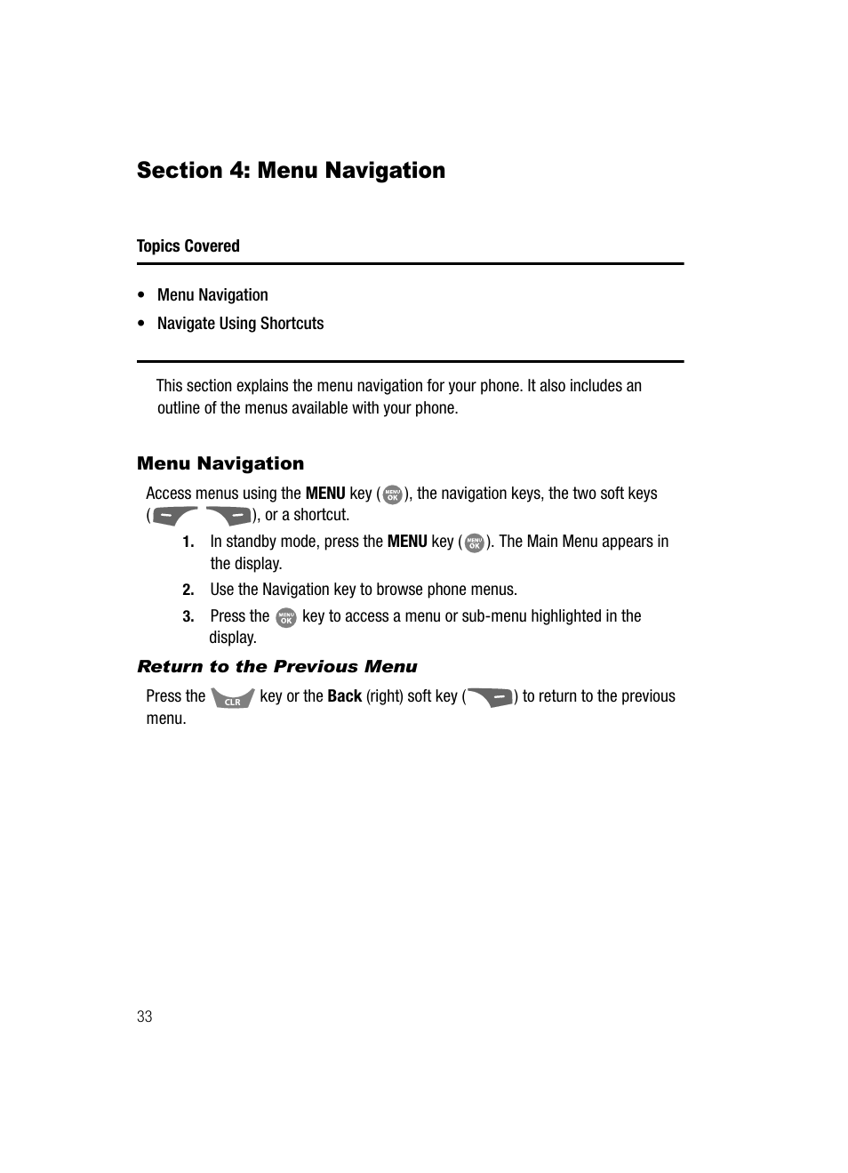 Section 4: menu navigation, Menu navigation, Return to the previous menu | Samsung SCH-R500ZRACRI User Manual | Page 36 / 180