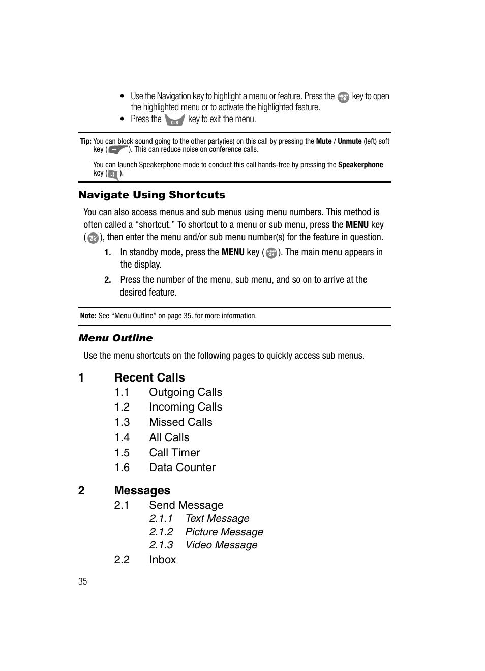 Navigate using shortcuts, Menu outline, 1recent calls | 2messages | Samsung SCH-R500ZRACRI User Manual | Page 38 / 180