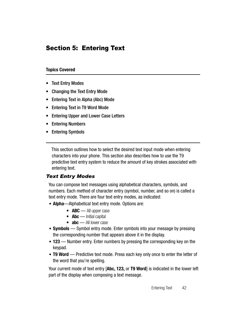 Section 5: entering text, Text entry modes | Samsung SCH-R500ZRACRI User Manual | Page 45 / 180