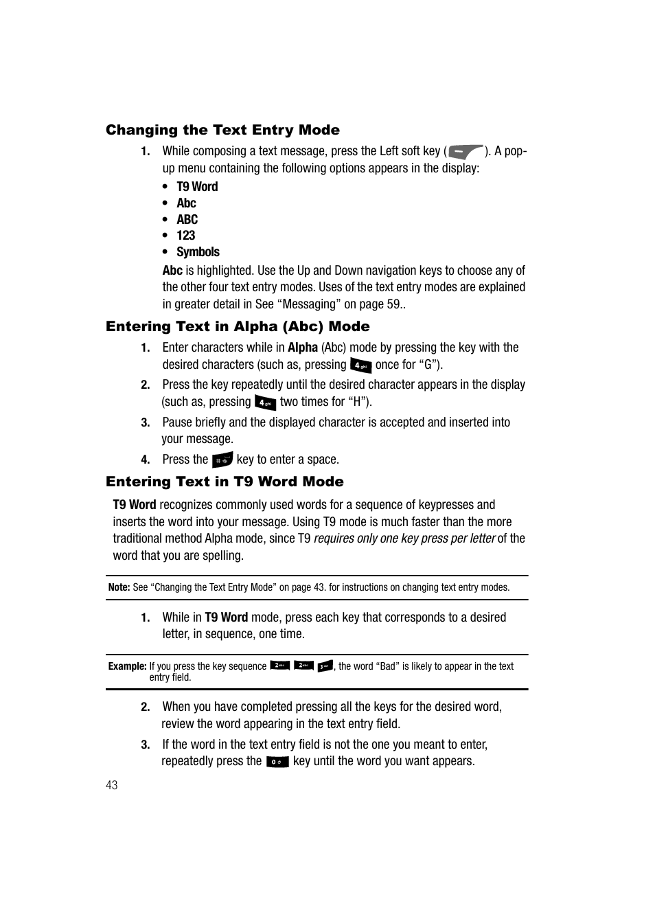 Changing the text entry mode, Entering text in alpha (abc) mode, Entering text in t9 word mode | Samsung SCH-R500ZRACRI User Manual | Page 46 / 180