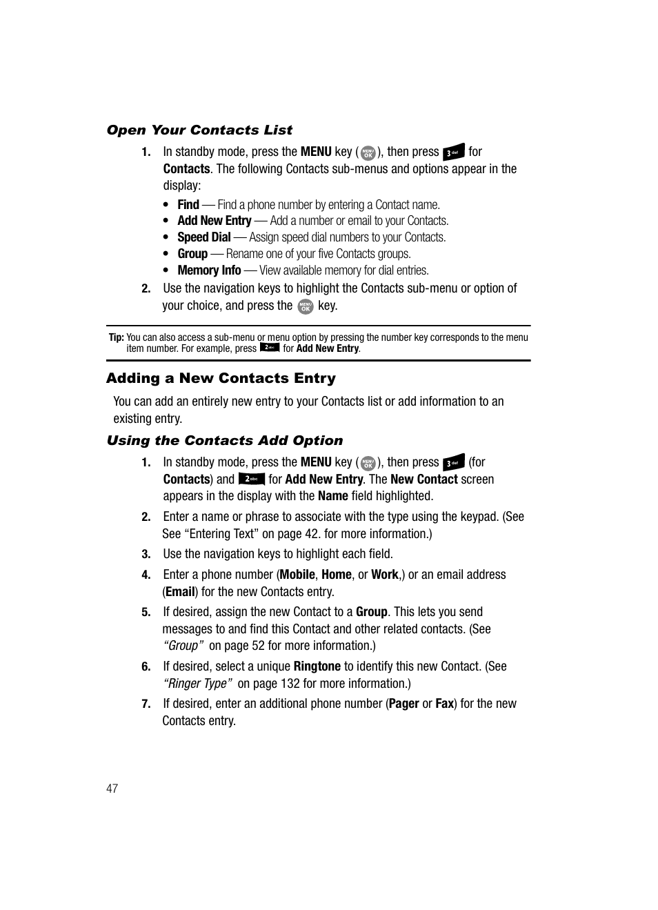 Open your contacts list, Adding a new contacts entry, Using the contacts add option | Samsung SCH-R500ZRACRI User Manual | Page 50 / 180